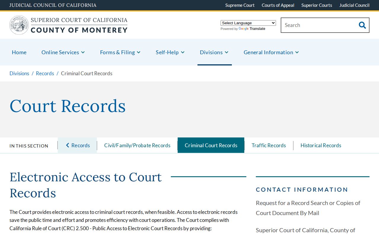 Monterey County criminal court records for 72-hour release confirmation