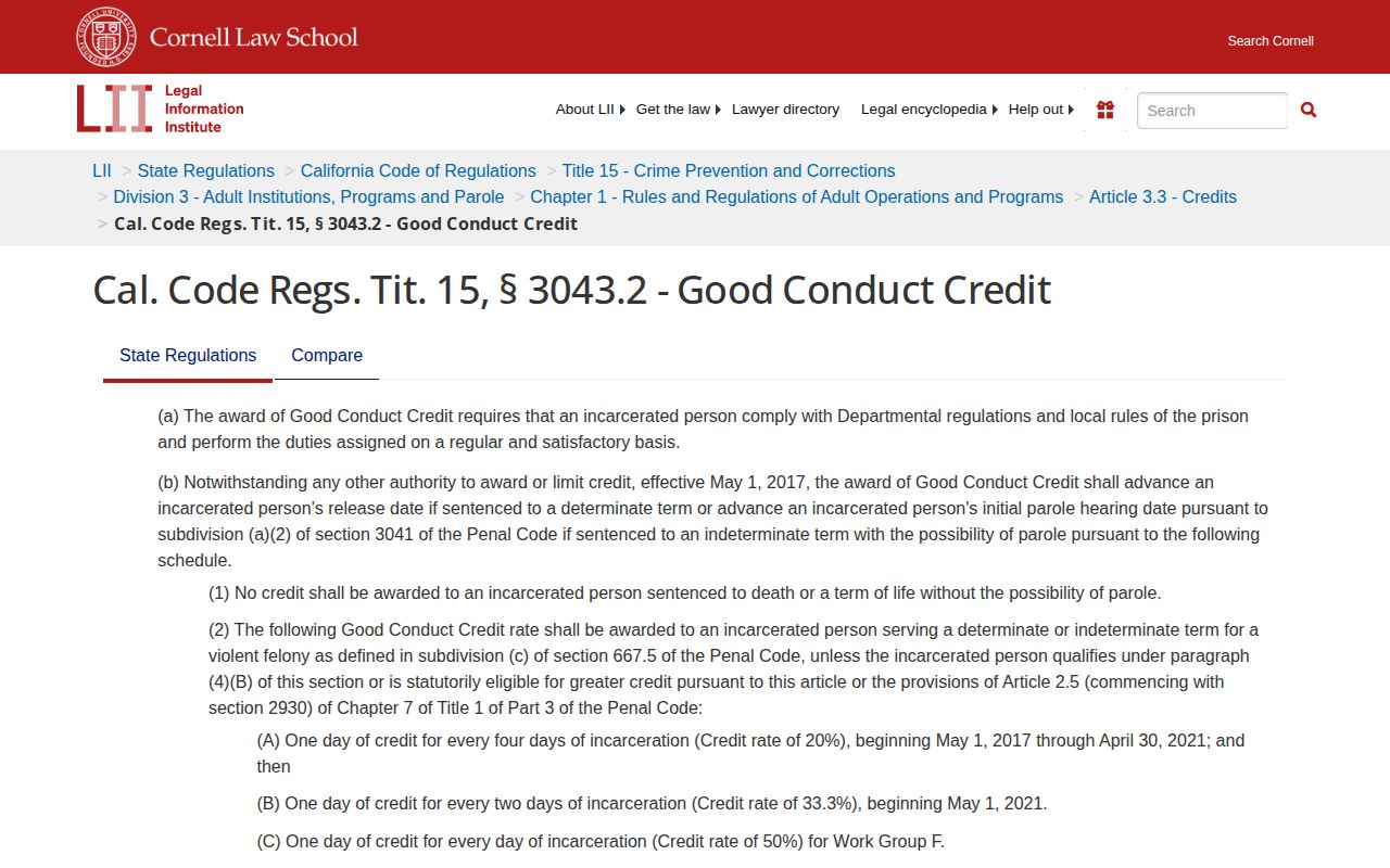 California regulation section 3043.2 for good conduct credit