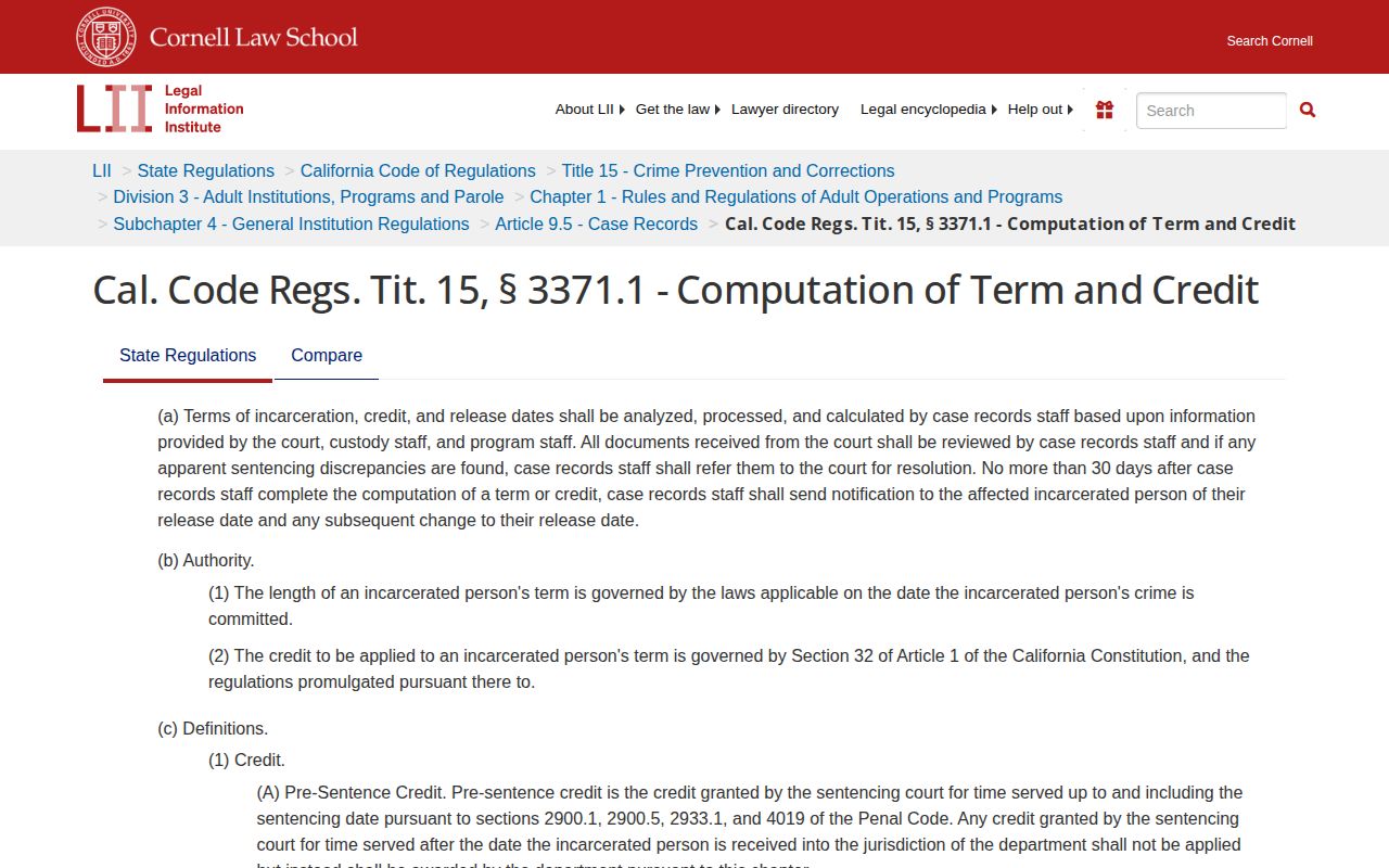 California regulation section 3371.1 for release date computation