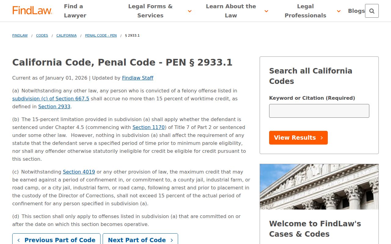 California Penal Code section 2933.1 violent felony credit limit