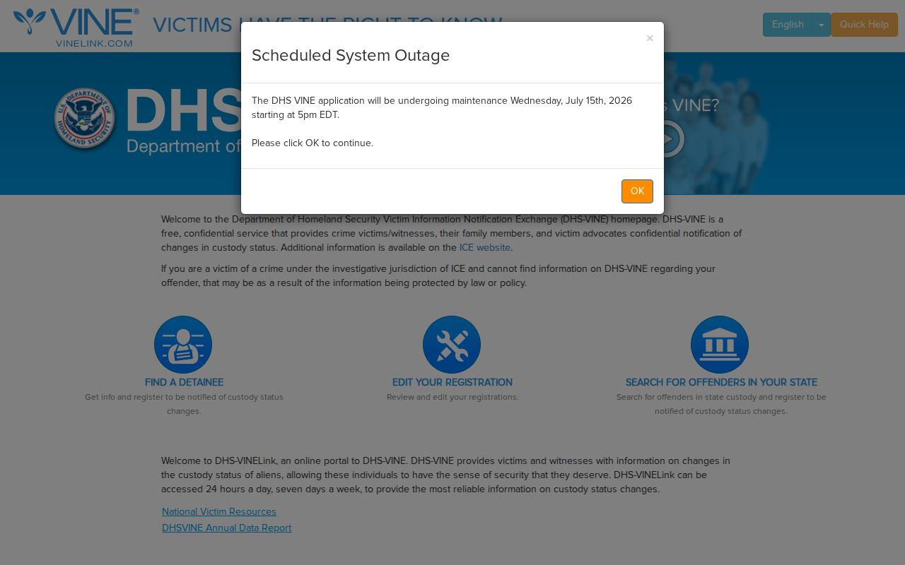 DHS-VINELink custody notification page